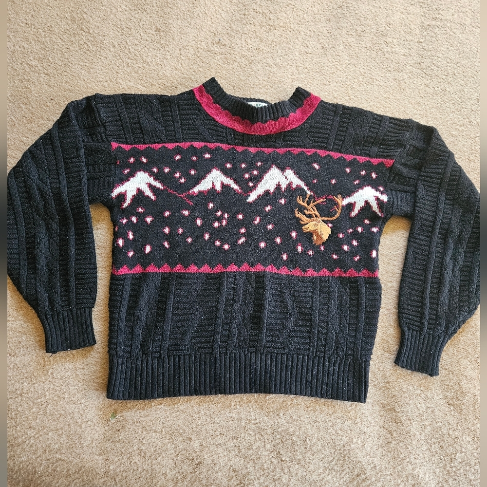 Vintage Ad Astra Crewneck Christmas Sweater with Embroidered Reindeer